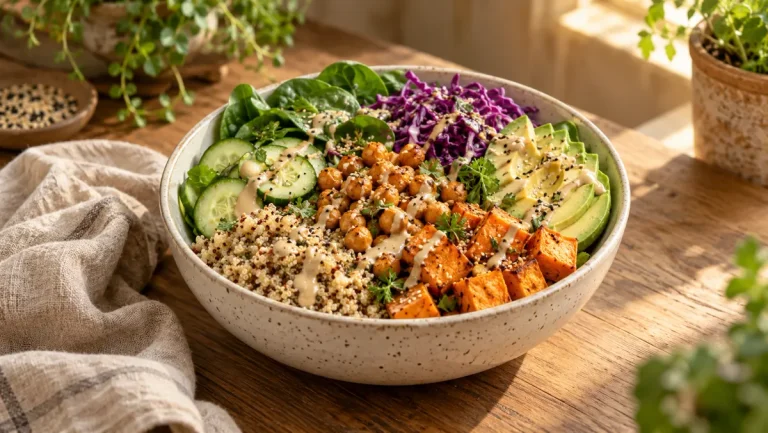 Buddha bowl s kvinojom, pečenim slanutkom, batatom i avokadom