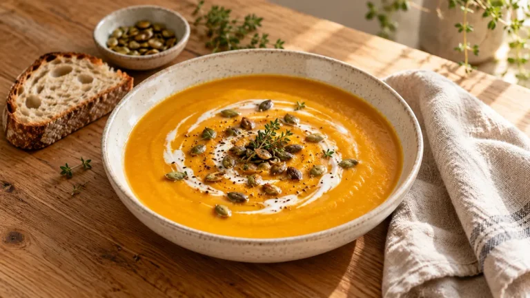 Kremasta juha od bundeve s prženim sjemenkama bundeve i timijanom